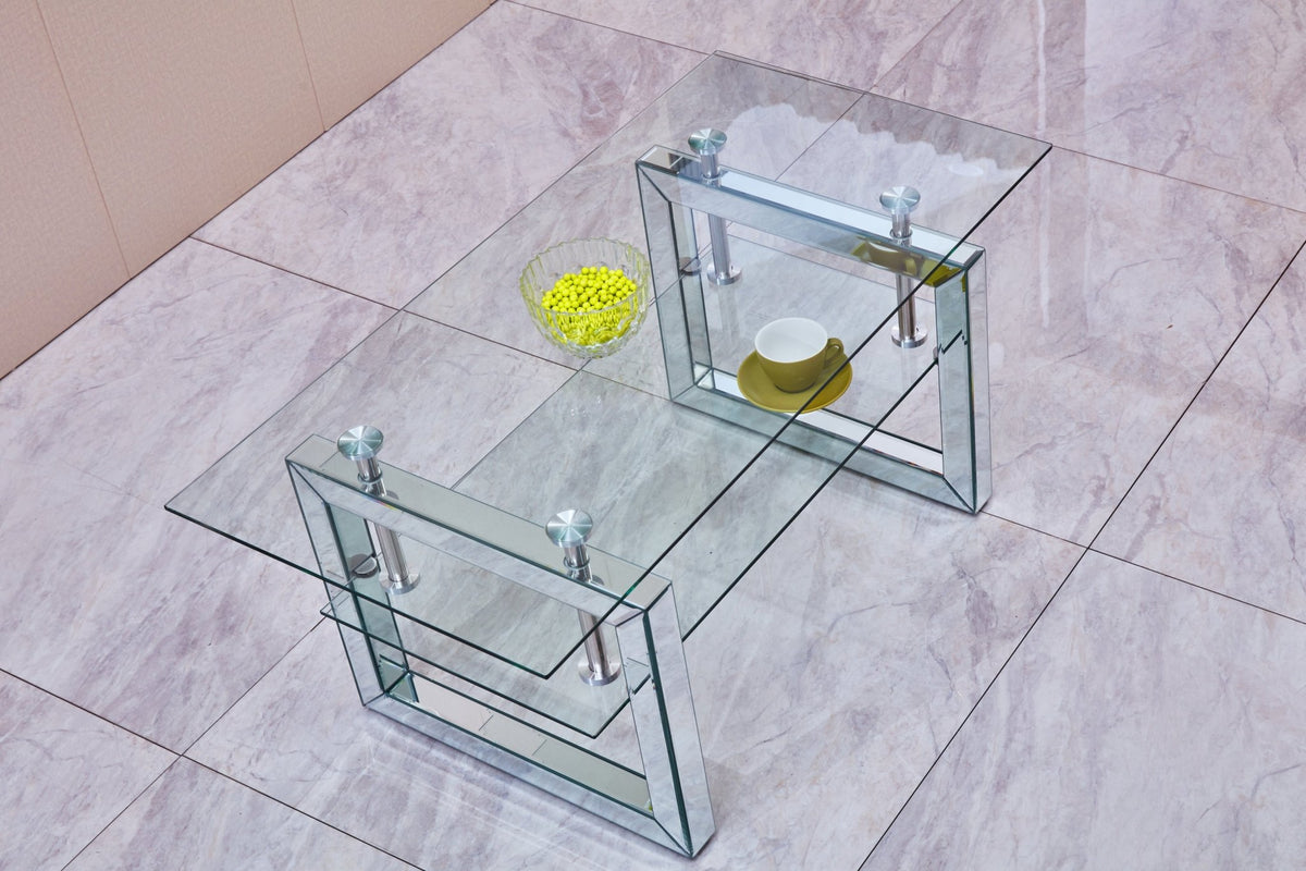 Anthony & Home tempered glass coffee table with a silver-finish metal pedestal base, 6mm thick, in the exclusive collection.
