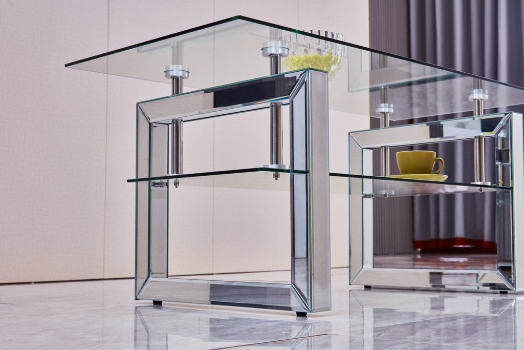 Anthony & Home tempered glass coffee table with a 6mm silver-finish metal pedestal base, modern and stylish living room furniture