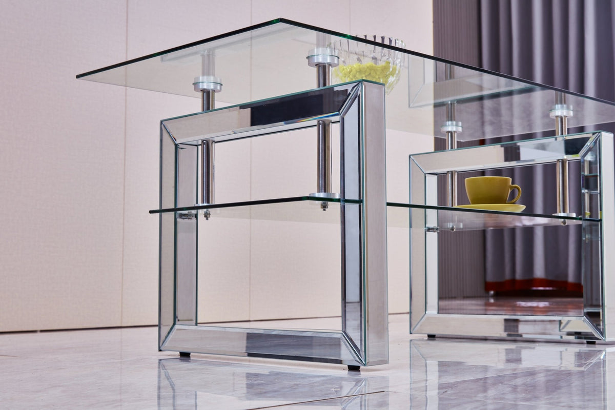 Anthony & Home tempered glass coffee table with a 6mm silver-finish metal pedestal base, modern and stylish living room furniture