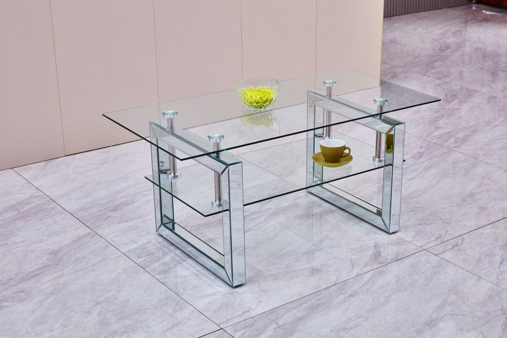 Anthony & Home tempered glass coffee table with a silver-finish metal pedestal base, 6mm thick for a sleek modern look.