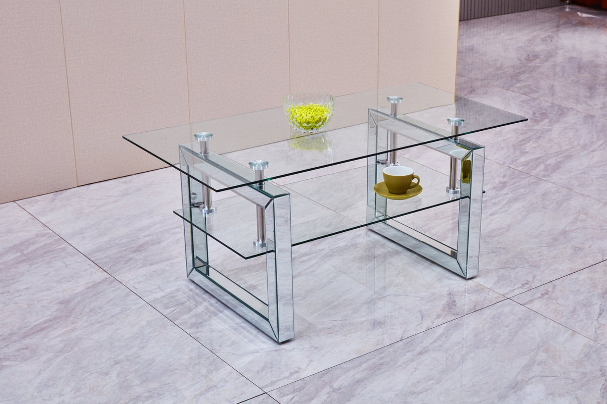 Anthony & Home tempered glass coffee table with a silver-finish metal pedestal base, 6mm thick for a sleek modern look.