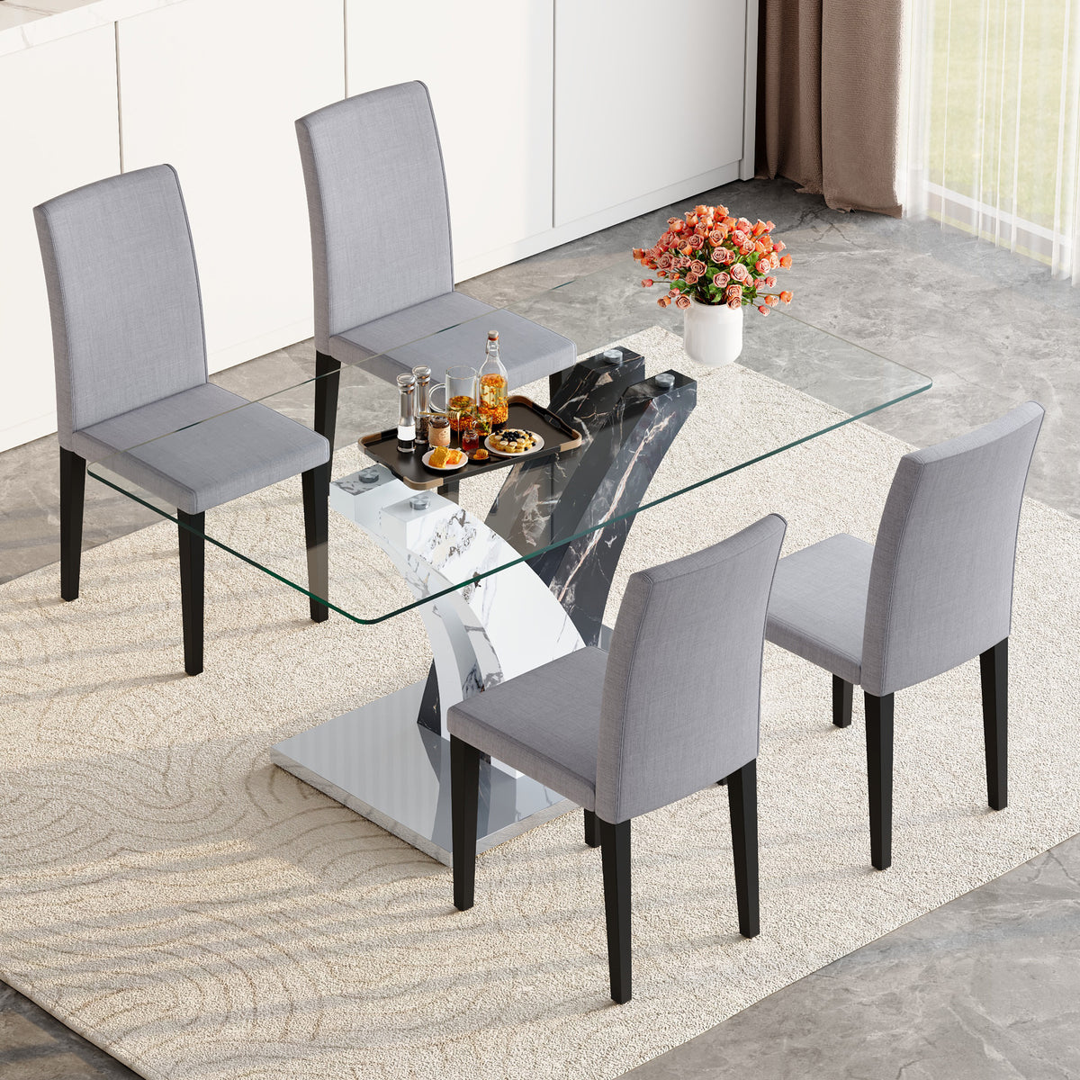 Anthony & Home tempered glass dining table with matching chairs set, modern design for stylish dining spaces.