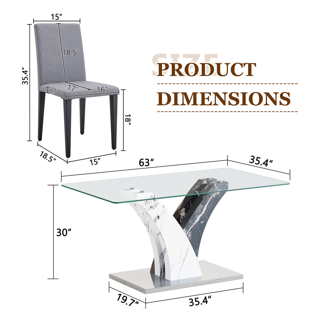 Anthony & Home tempered glass dining table and chair set with modern design, featuring clear glass surface and stylish seating.