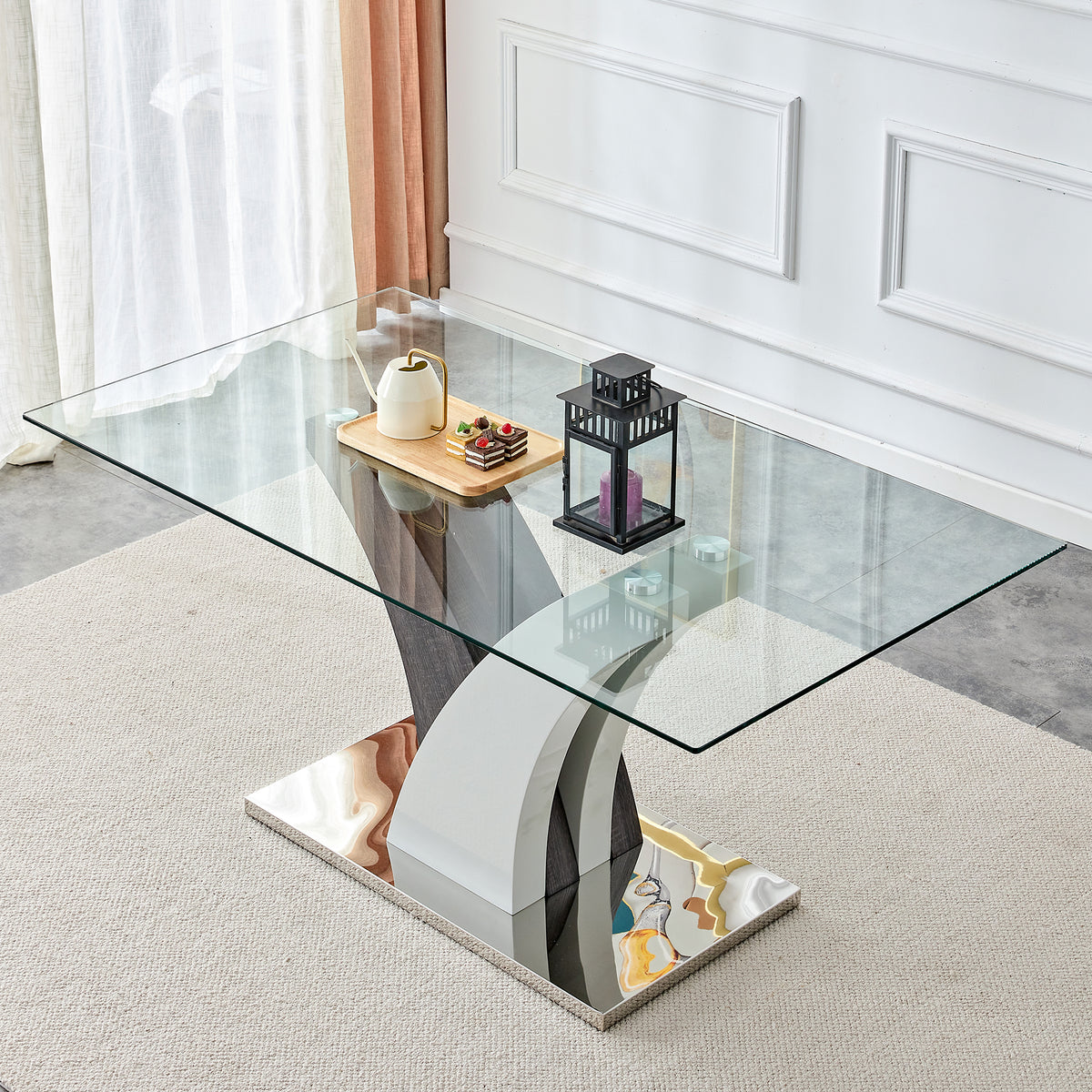 Anthony & Home tempered glass dining table with MDF legs from the Studio Collection, showcasing a sleek, modern design.