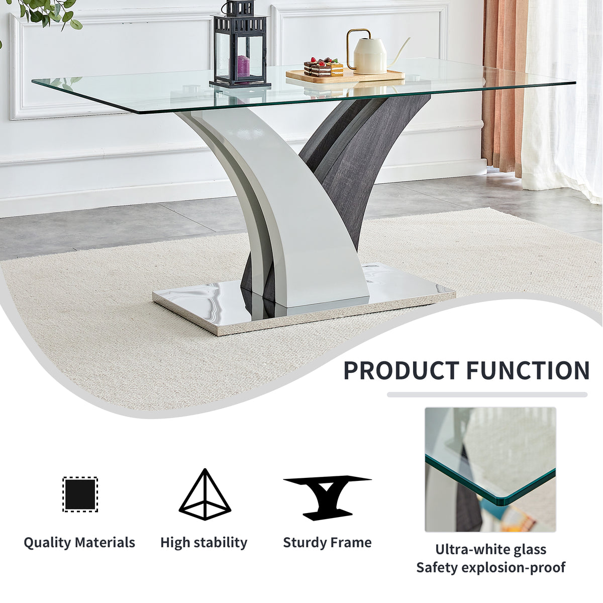 Anthony & Home tempered glass dining table with MDF legs from the Studio Collection, showcasing a sleek, modern design.