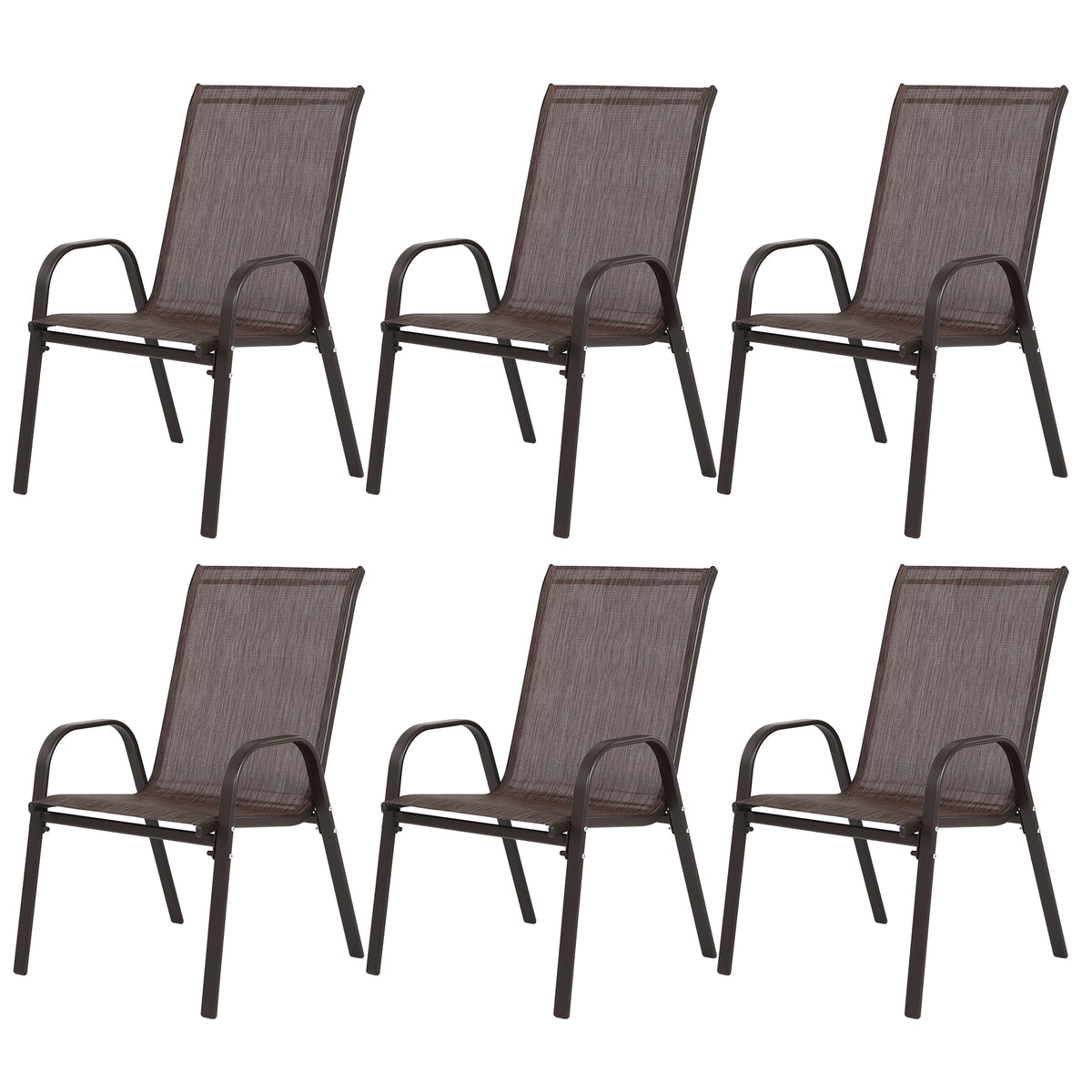 Set of six Anthony & Home brown Textilene patio chairs with high backs, designed for outdoor dining and lounge use.