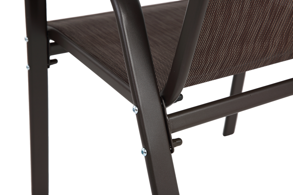 Set of 6 Anthony & Home Textilene patio chairs with high backs in brown, arranged outdoors on a patio.