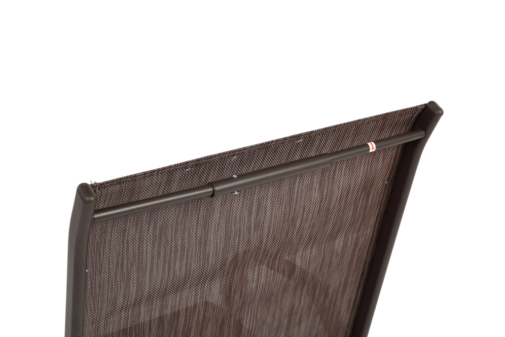 Set of six brown Textilene patio chairs with high backs by Anthony & Home, designed for outdoor dining and relaxation.