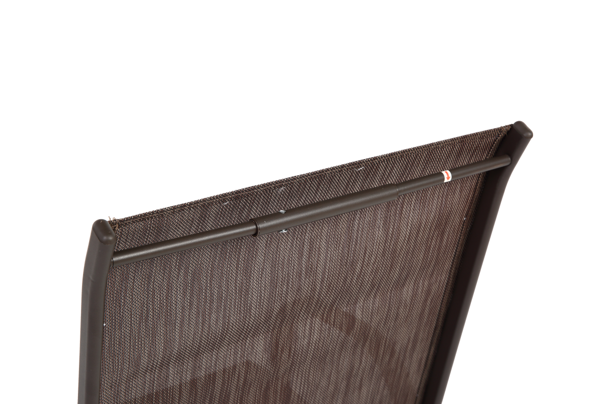 Set of six brown Textilene patio chairs with high backs by Anthony & Home, designed for outdoor dining and relaxation.