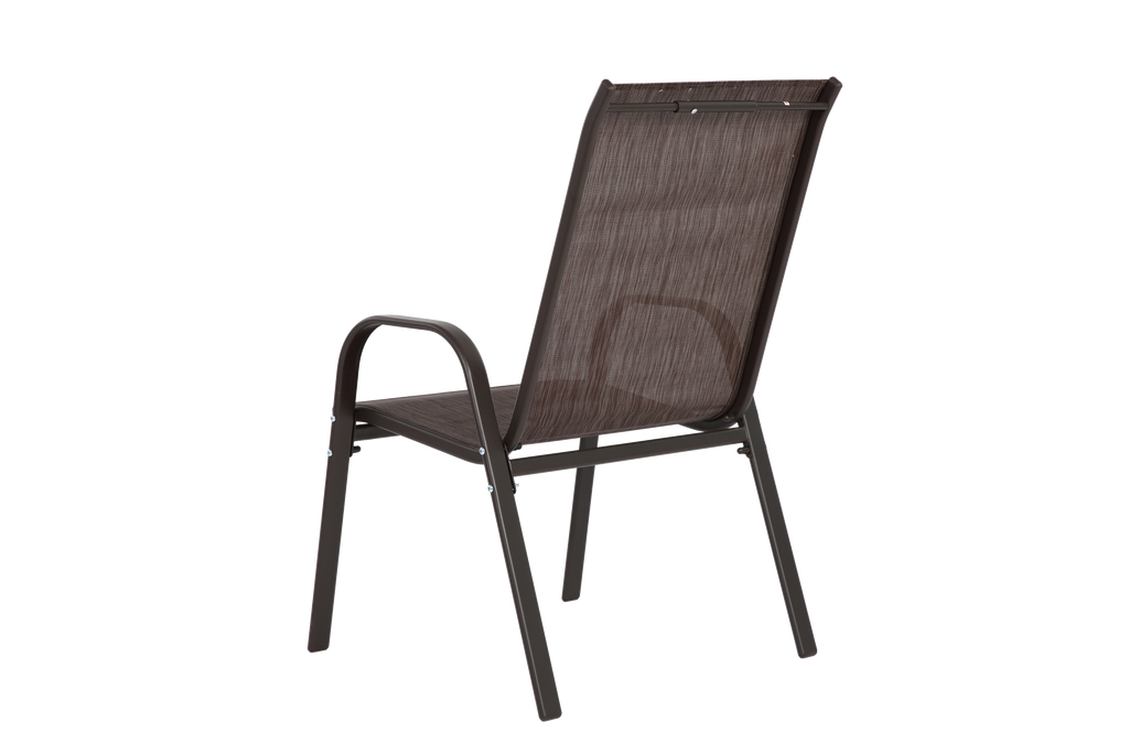 Set of six brown Textilene patio chairs with high backs, designed for outdoor seating and comfort.