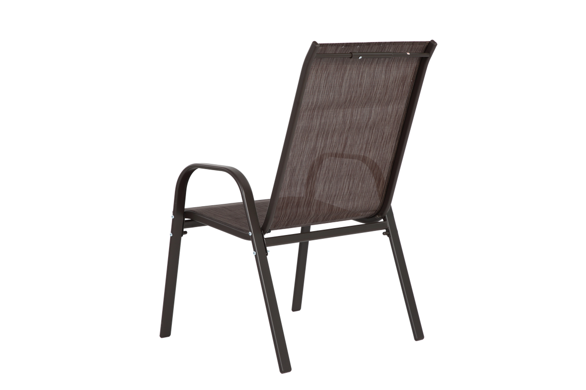 Set of six brown Textilene patio chairs with high backs, designed for outdoor seating and comfort.