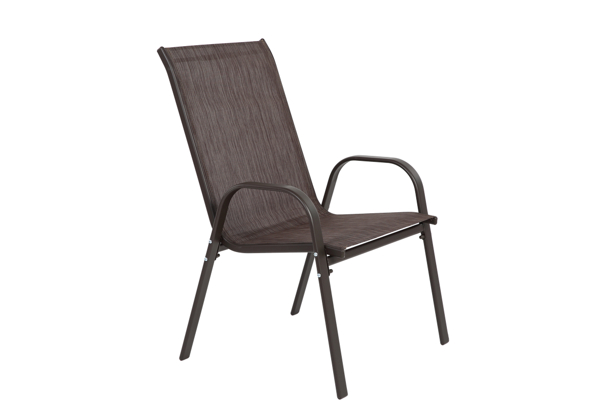 Set of six brown Textilene patio chairs with high backs from Anthony & Home, ideal for outdoor seating.