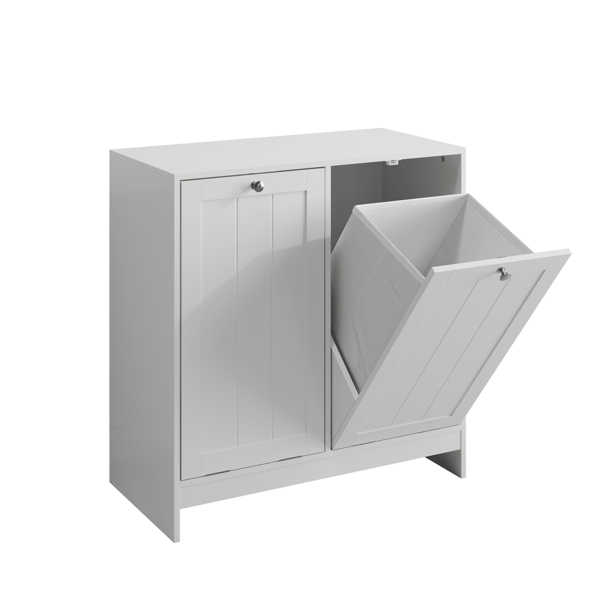 White lacquered tilted laundry hamper by Anthony & Home, limited edition with sleek modern design and sturdy construction.