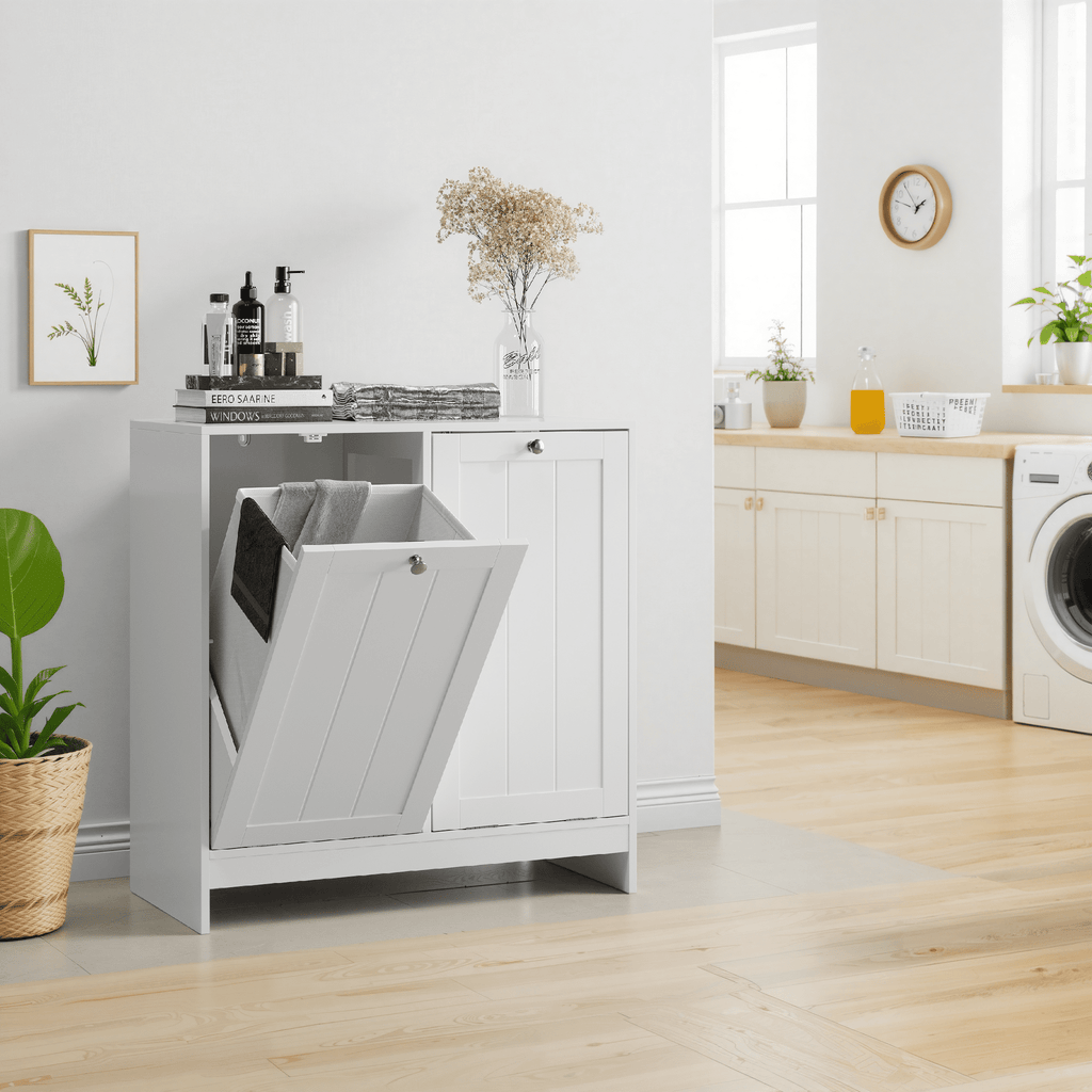 Lacquered white tilted laundry hamper by Anthony & Home, limited edition, with sleek modern design and sturdy construction.