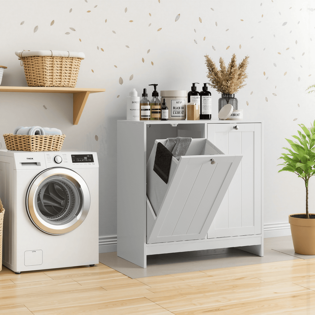 Lacquered white limited edition tilted laundry hamper by Anthony & Home with a sleek, modern design and sturdy construction.