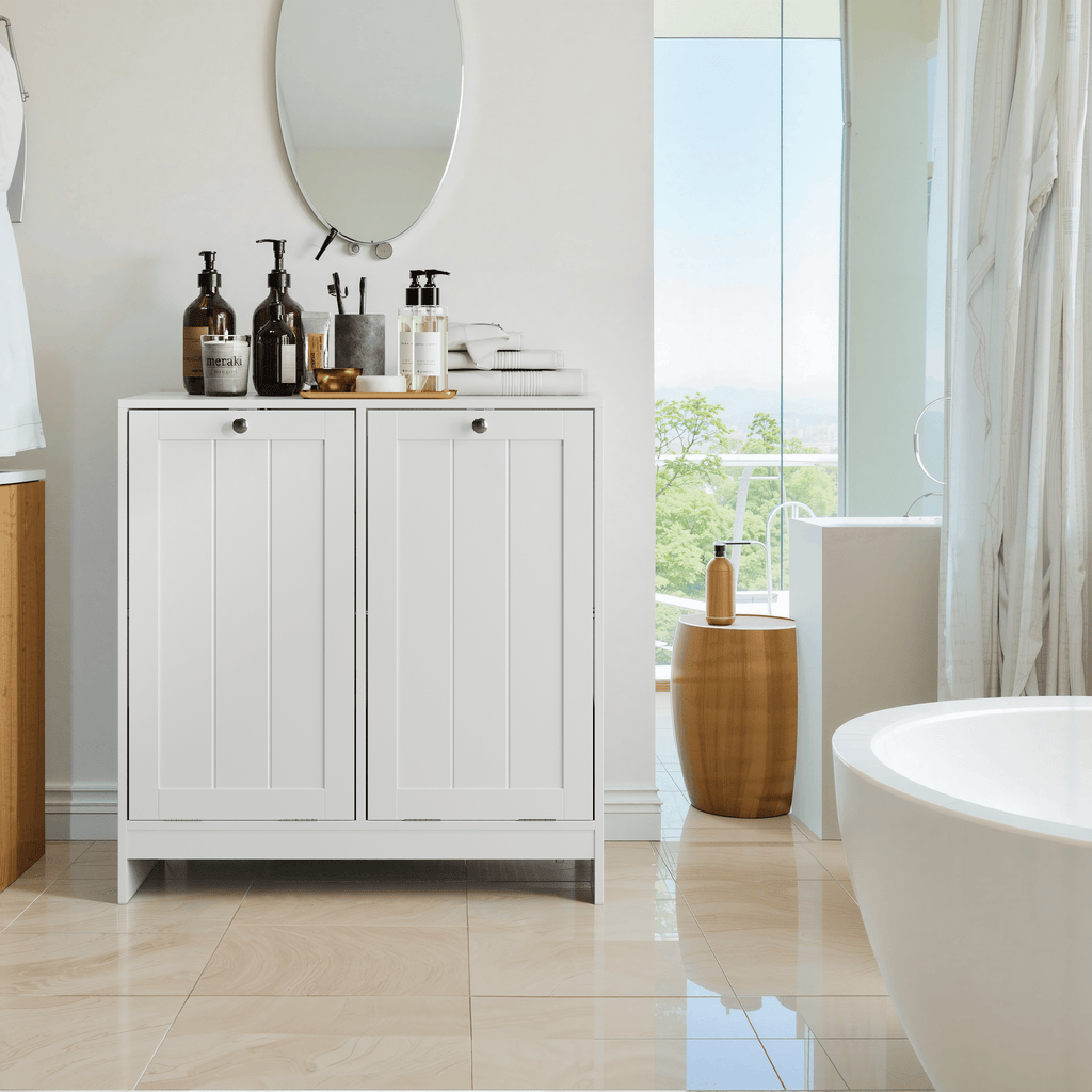 Lacquered white limited edition tilted laundry hamper by Anthony & Home with a modern, sleek design.
