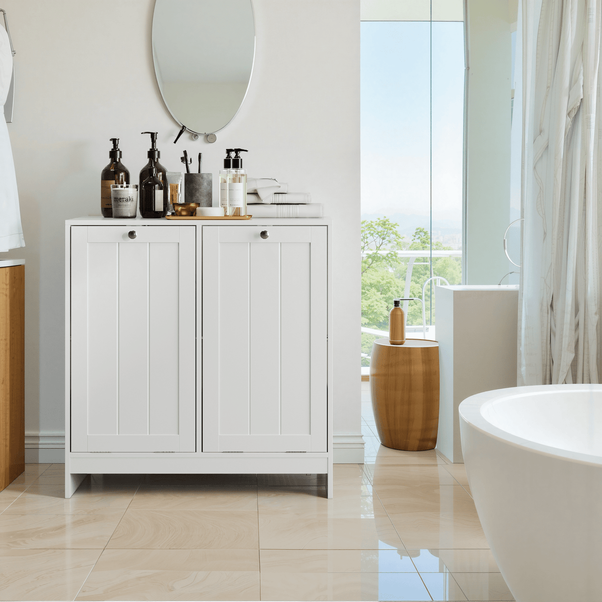 Lacquered white limited edition tilted laundry hamper by Anthony & Home with a modern, sleek design.