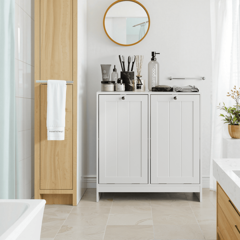 Tilted white lacquered laundry hamper by Anthony & Home, limited edition with sleek, modern design for stylish laundry storage.