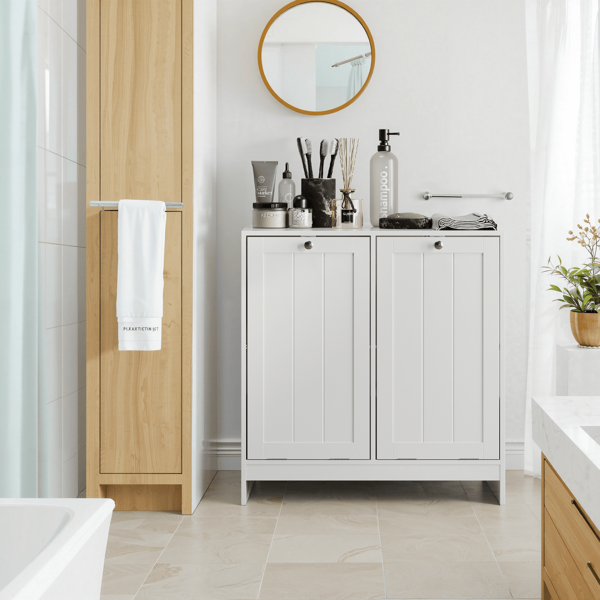 Tilted white lacquered laundry hamper by Anthony & Home, limited edition with sleek, modern design for stylish laundry storage.