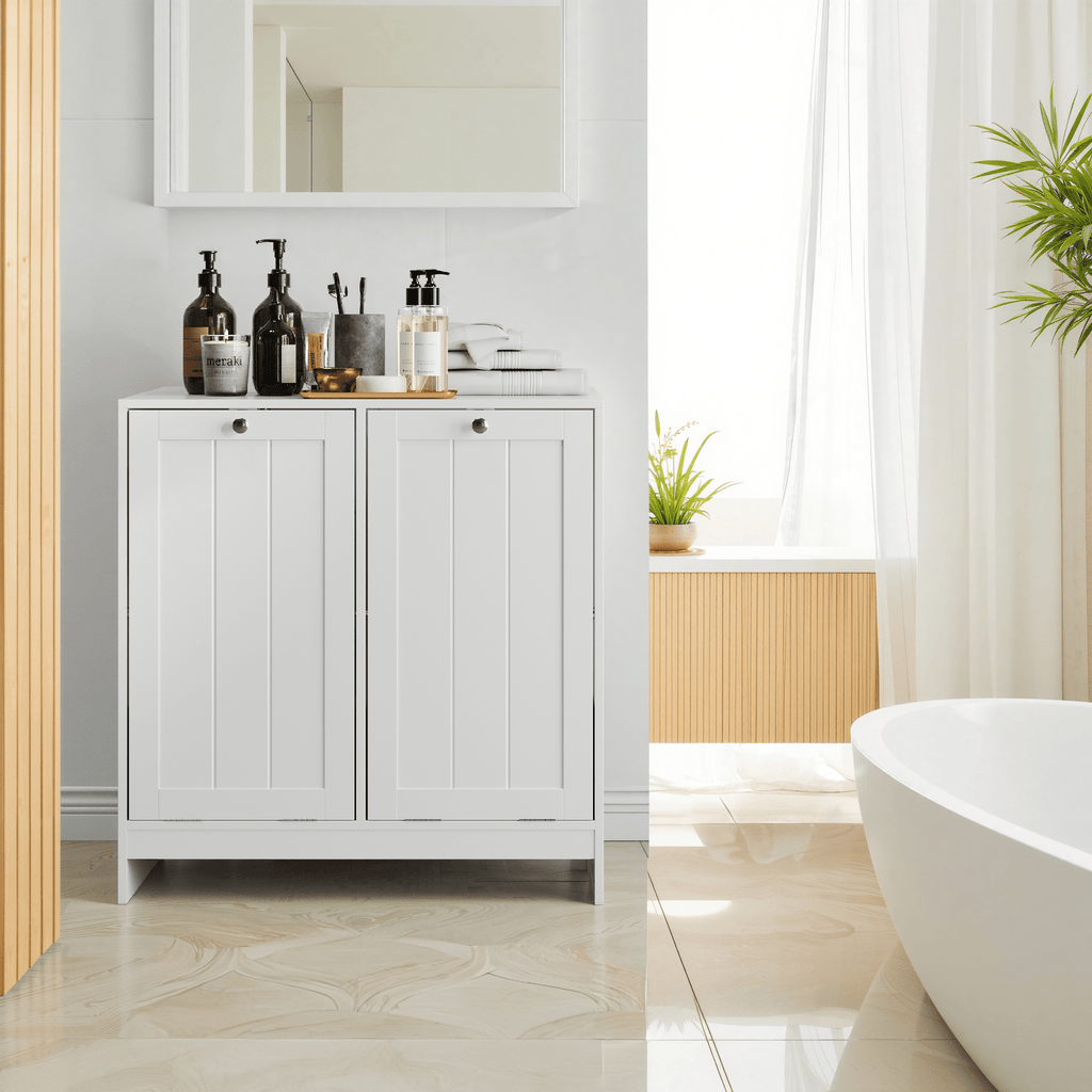 Lacquered white limited edition tilted laundry hamper by Anthony & Home, showcasing a modern, stylish design with a tilted silhouette.