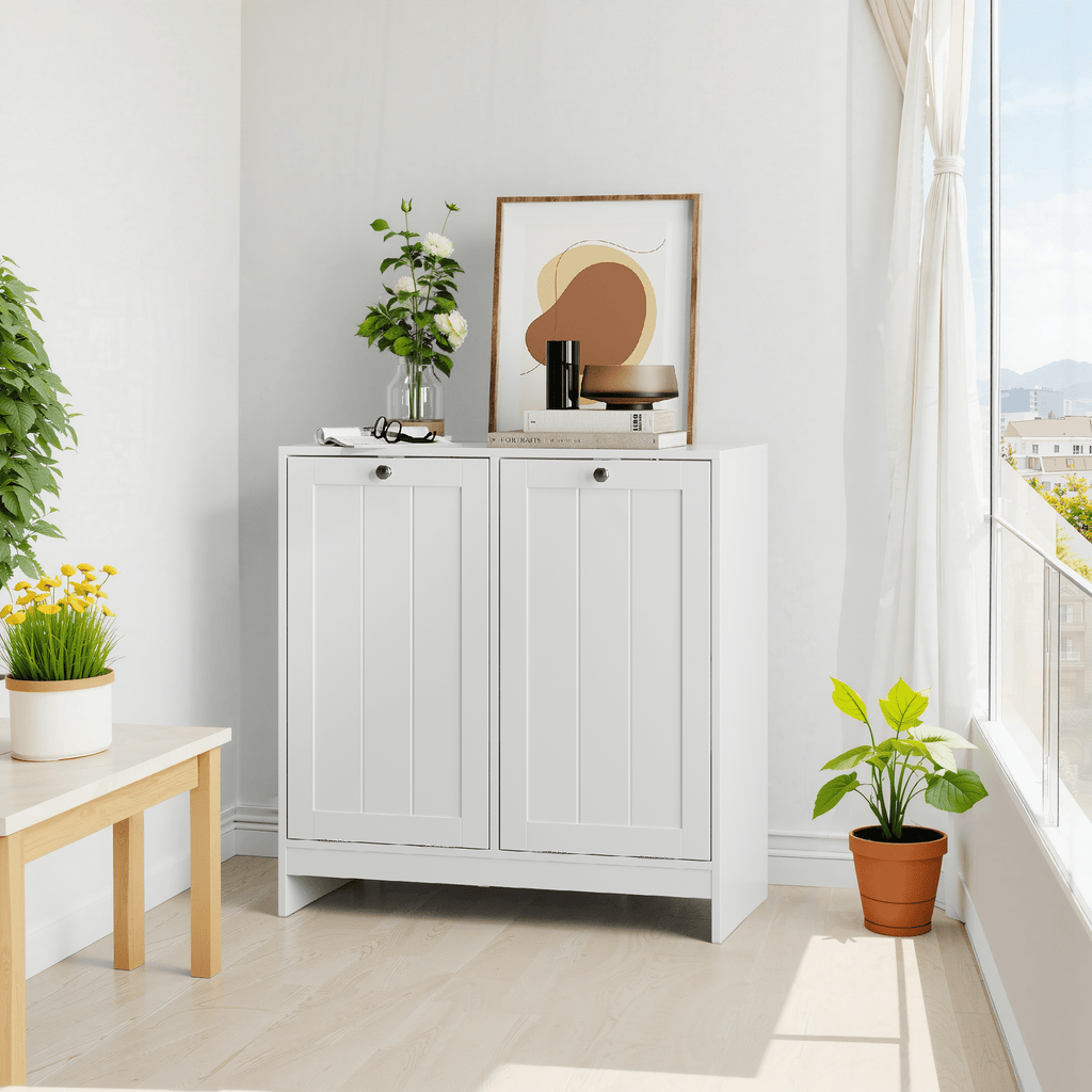 White lacquered tilted laundry hamper by Anthony & Home, limited edition, with a sleek modern design and sturdy construction.