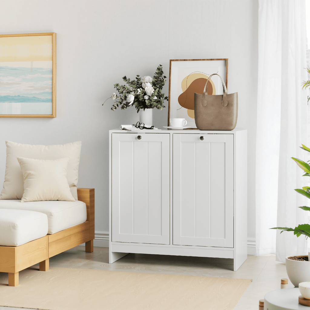 White lacquered tilted laundry hamper by Anthony & Home, limited edition with sleek, modern design and sturdy construction.