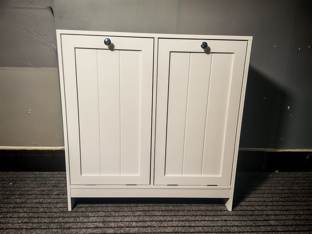Lacquered white tilted laundry hamper by Anthony & Home, limited edition, with a sleek, modern design and sturdy construction.