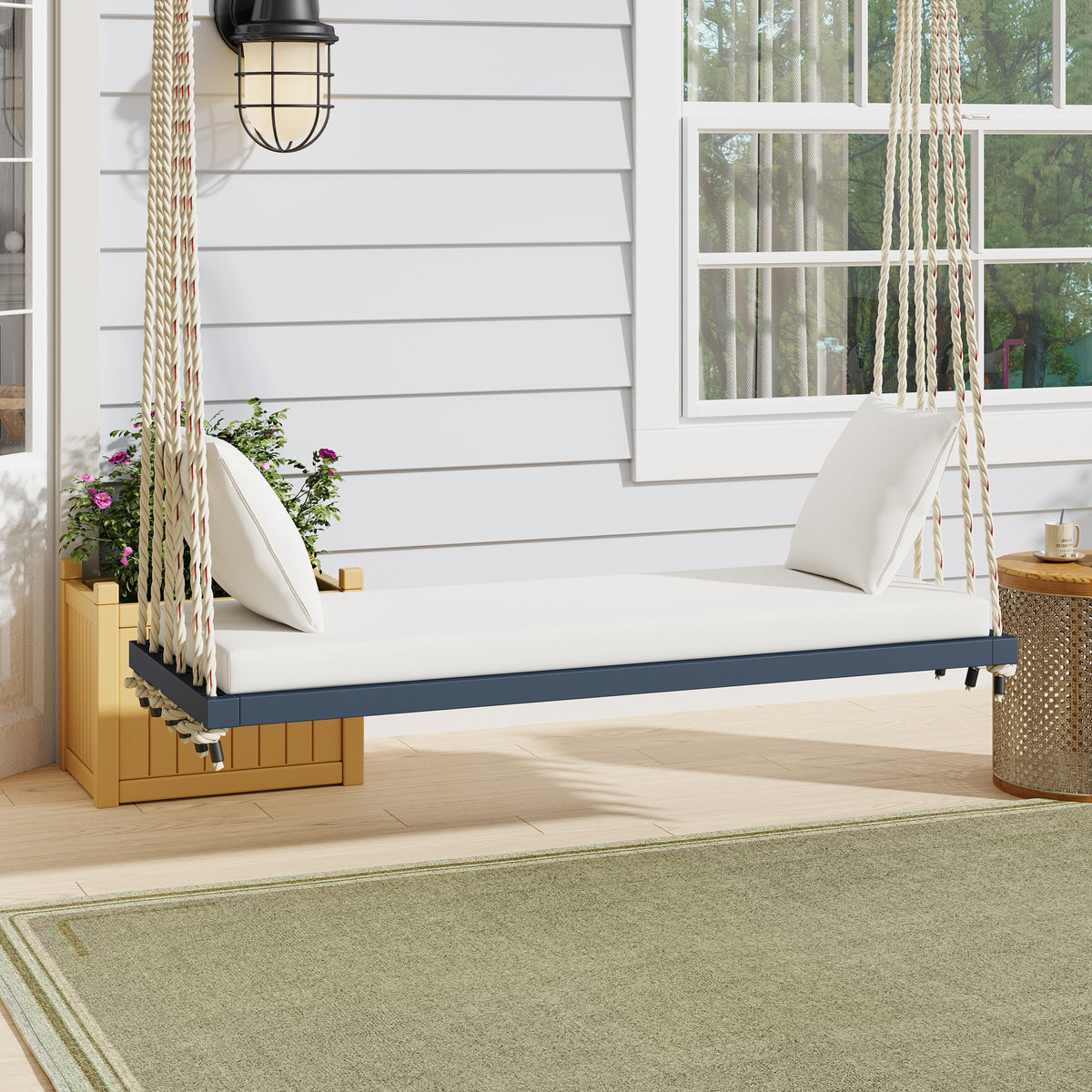 Anthony & Home Topmax Acacia Wood patio swing chair with cushioned seat and gray finish, limited edition outdoor furniture.