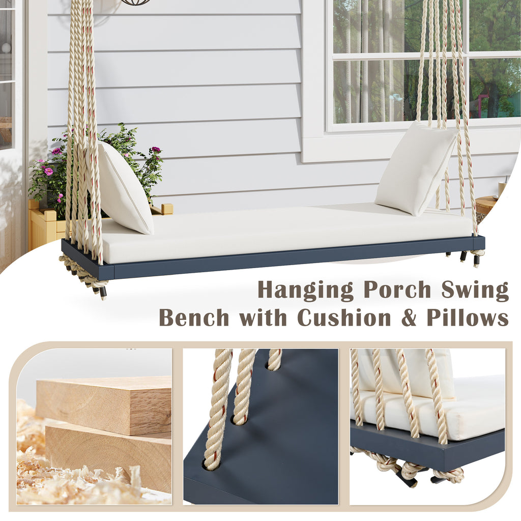 Anthony & Home Topmax Acacia Wood patio swing chair with gray cushioned seat, limited edition outdoor furniture.