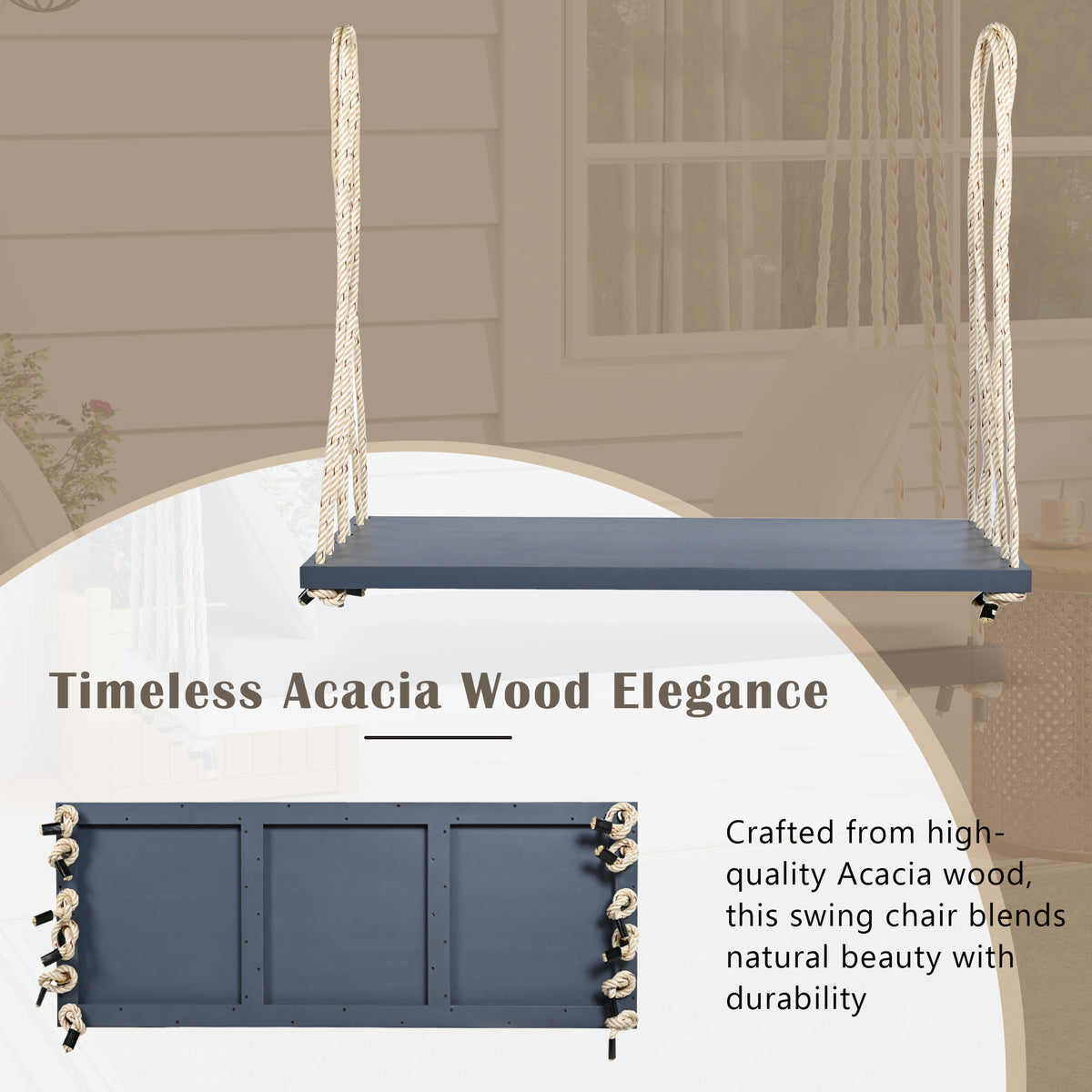 Anthony & Home Topmax Acacia wood patio swing chair with cushioned seat and gray finish, limited edition outdoor furniture.