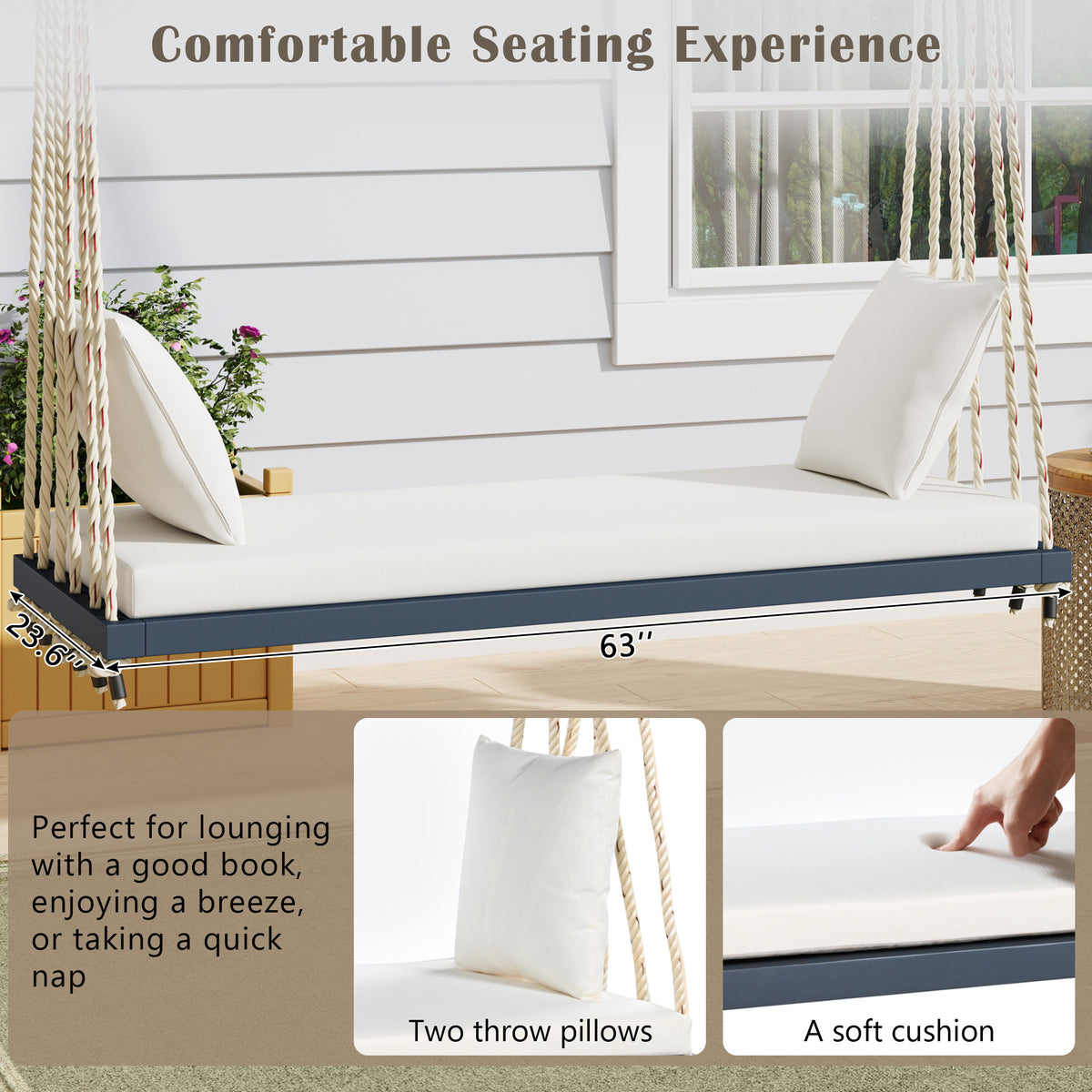 Anthony & Home Topmax Acacia wood patio swing chair with gray cushioned seat and limited edition gray finish.