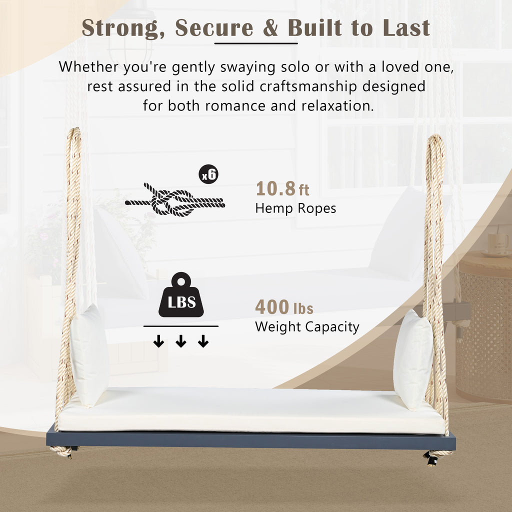 Anthony & Home Topmax Acacia wood patio swing chair with cushioned seat and gray finish, perfect for outdoor relaxation.
