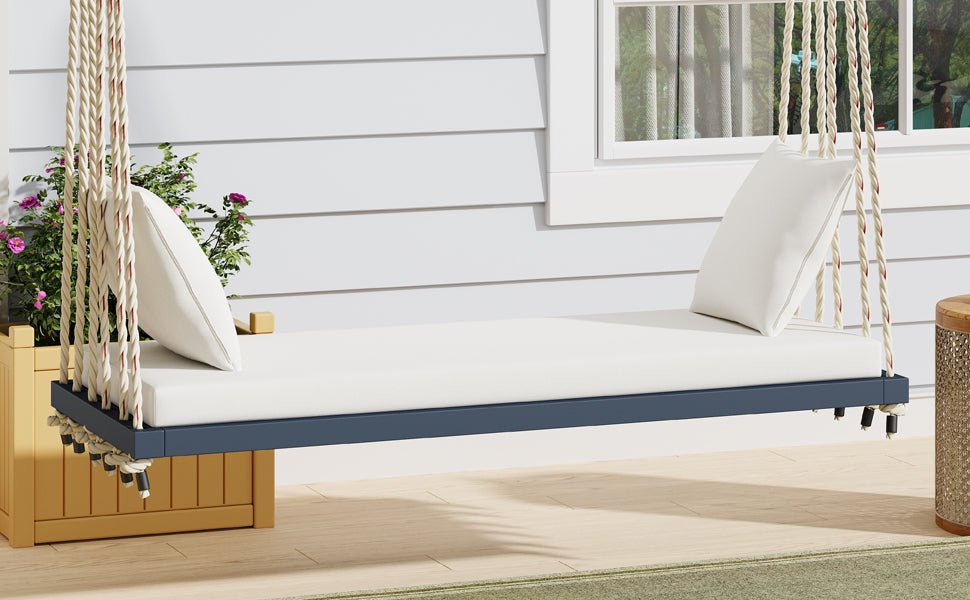 Anthony & Home Topmax Acacia Wood patio swing chair with gray cushioned seat, limited edition outdoor furniture.