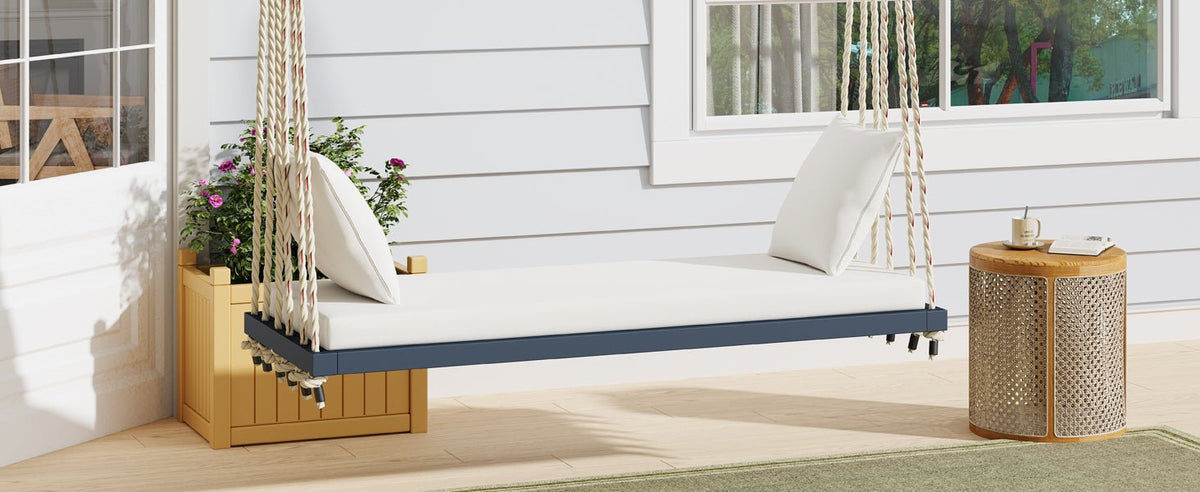 Anthony & Home Topmax Acacia wood patio swing chair with cushioned seat and gray finish, limited edition outdoor furniture piece.