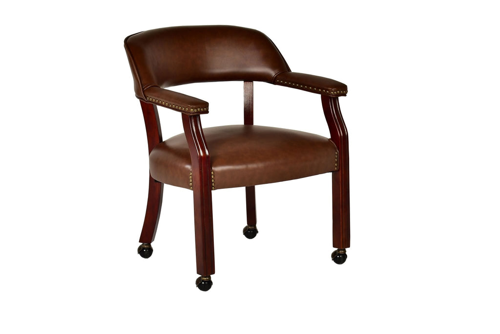 Dark brown fabric traditional arm chair with casters and beaded pedestal from Anthony & Home's Atelier Collection.