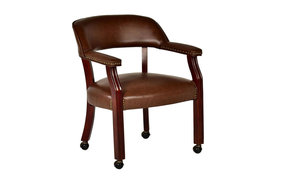 Dark brown fabric traditional arm chair with casters and beaded pedestal from Anthony & Home's Atelier Collection.