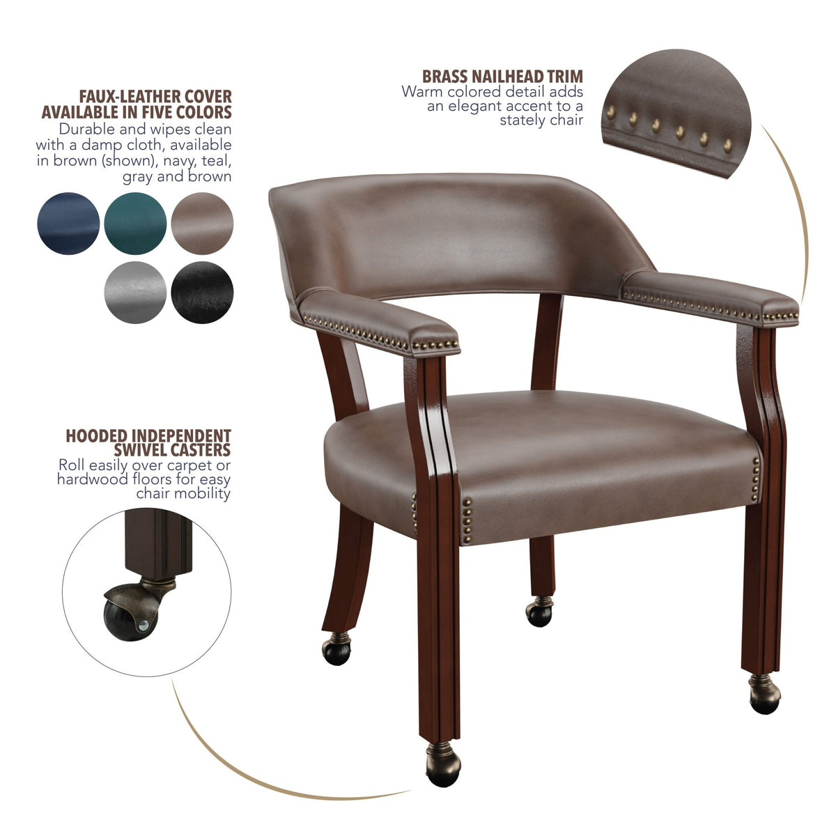 Dark brown fabric traditional arm chair with casters and beaded pedestal base from Anthony & Home's Atelier Collection.