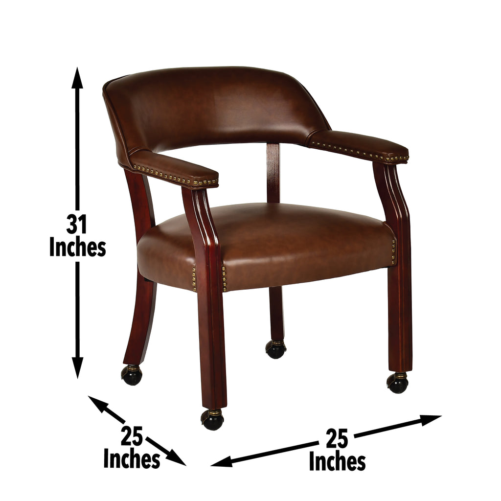 Dark brown fabric traditional arm chair with casters and beaded pedestal from Anthony & Home's Atelier Collection.