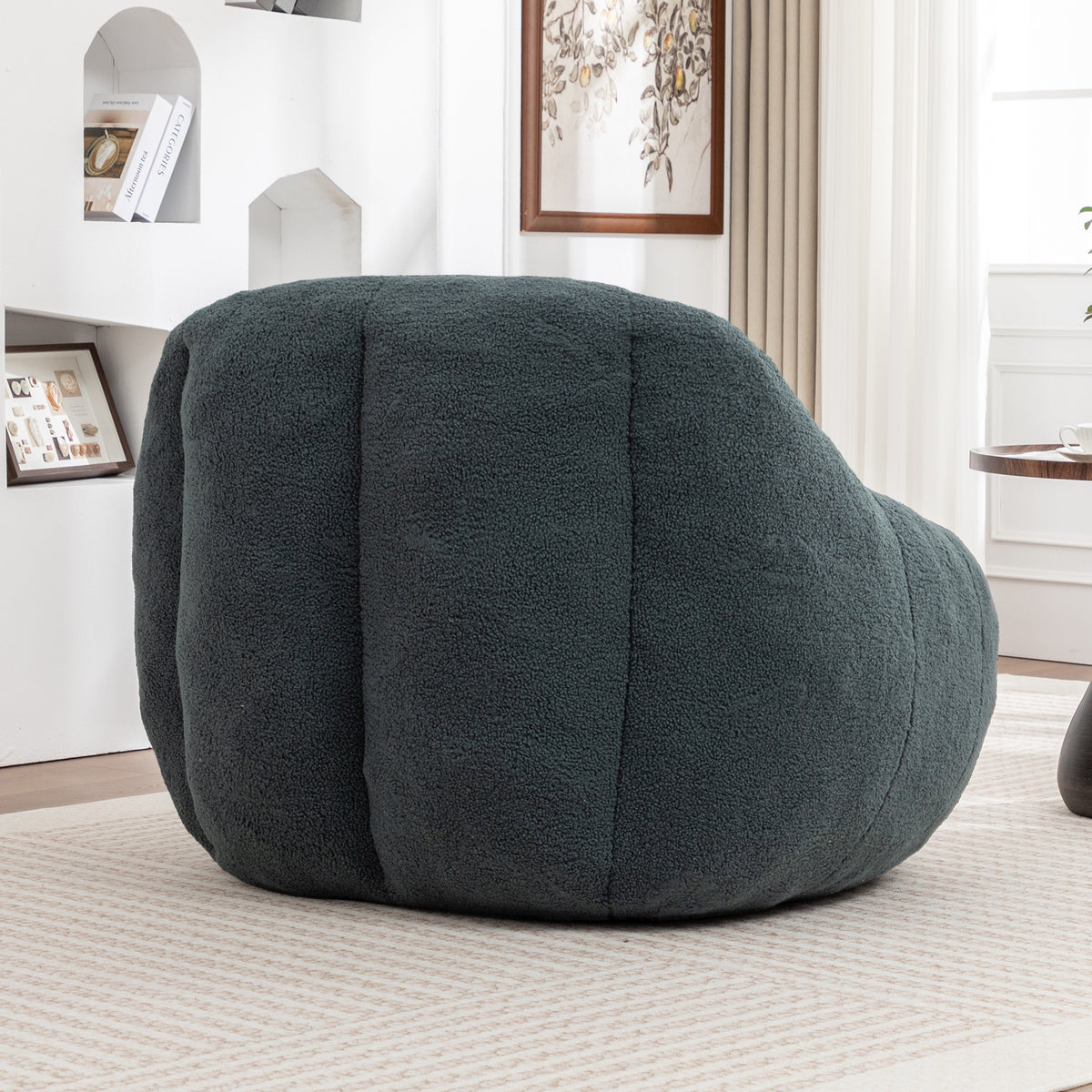 Anthony & Home tufted memory foam bean bag chair in studio green, showcasing a plush, comfortable seating option with a tufted design.