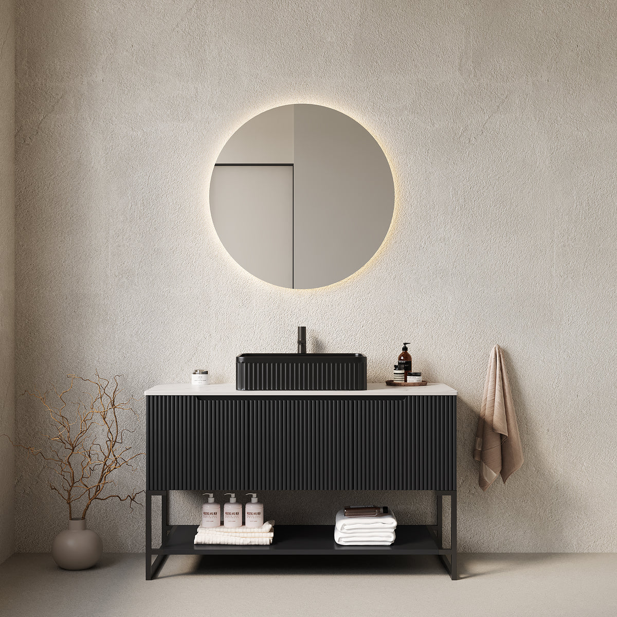 Anthony & Home Tulio Atelier 48-inch freestanding bathroom vanity with sink and Carrara white sintered stone countertop.