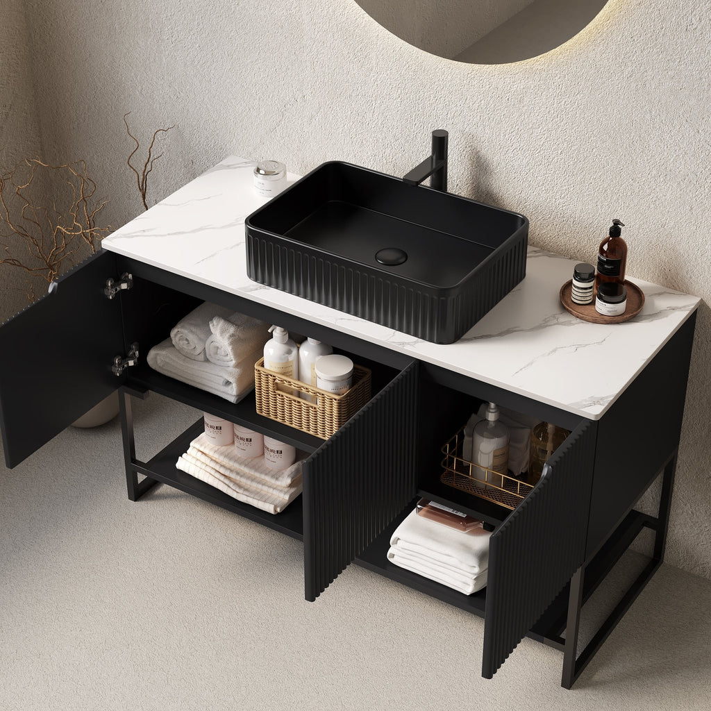 Anthony & Home Tulio Atelier 48-inch freestanding bathroom vanity with sink and Carrara white sintered stone countertop