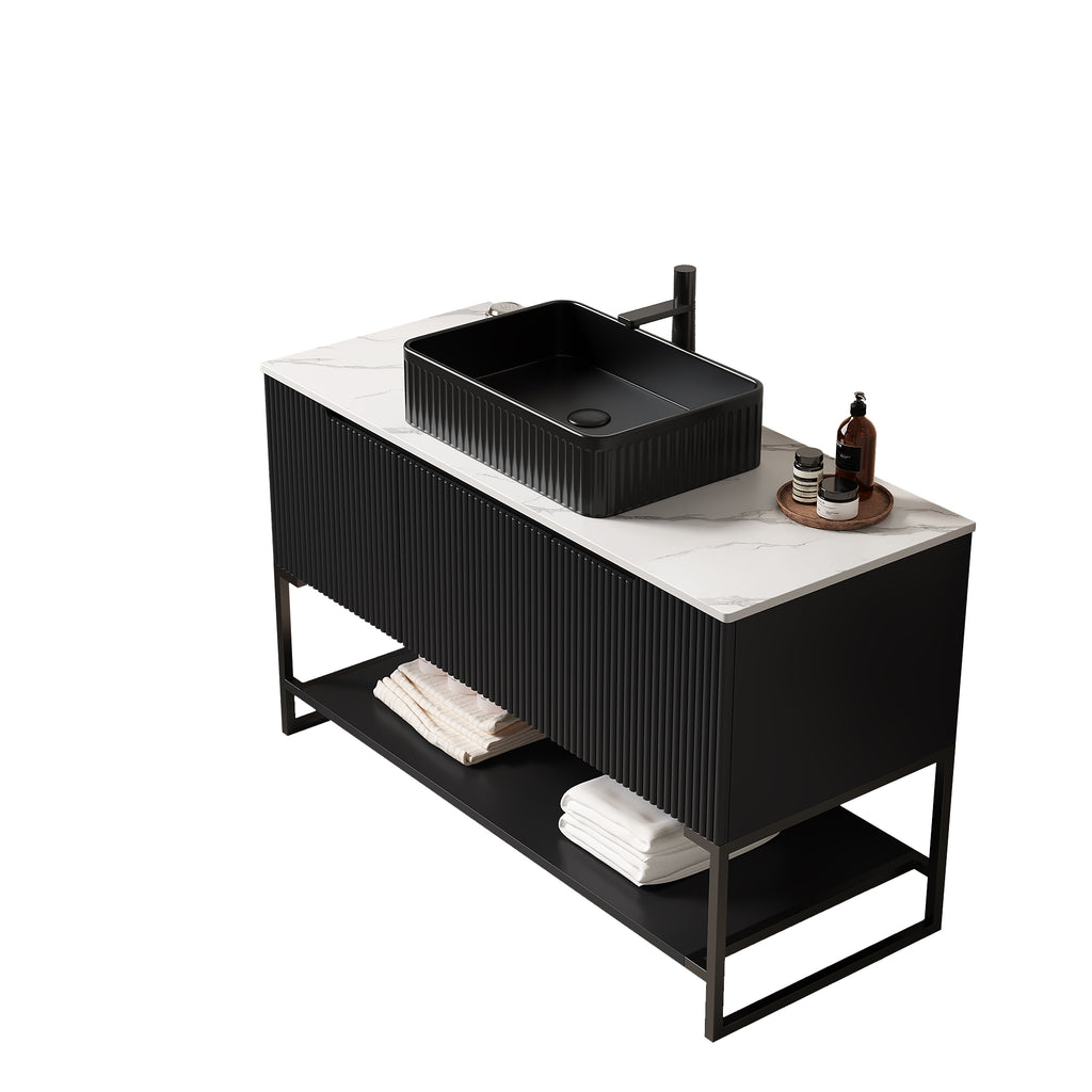 Anthony & Home Tulio Atelier 48-inch freestanding bathroom vanity with sink and Carrara white sintered stone countertop.