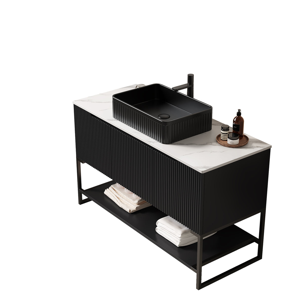 Anthony & Home Tulio Atelier 48-inch freestanding bathroom vanity with sink and Carrara white sintered stone countertop.