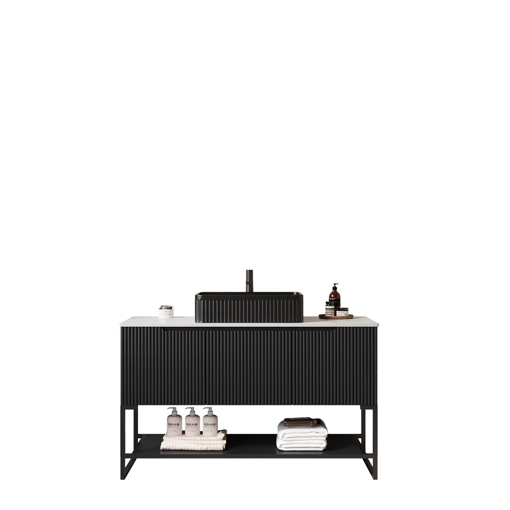 Anthony & Home Tulio Atelier 48-inch freestanding bathroom vanity with sink and Carrara white sintered stone countertop.
