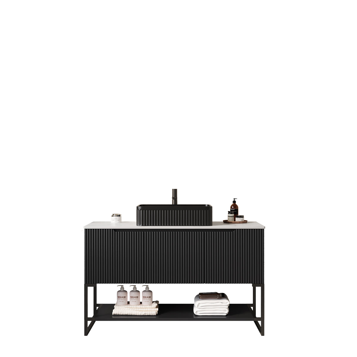 Anthony & Home Tulio Atelier 48-inch freestanding bathroom vanity with sink and Carrara white sintered stone countertop.