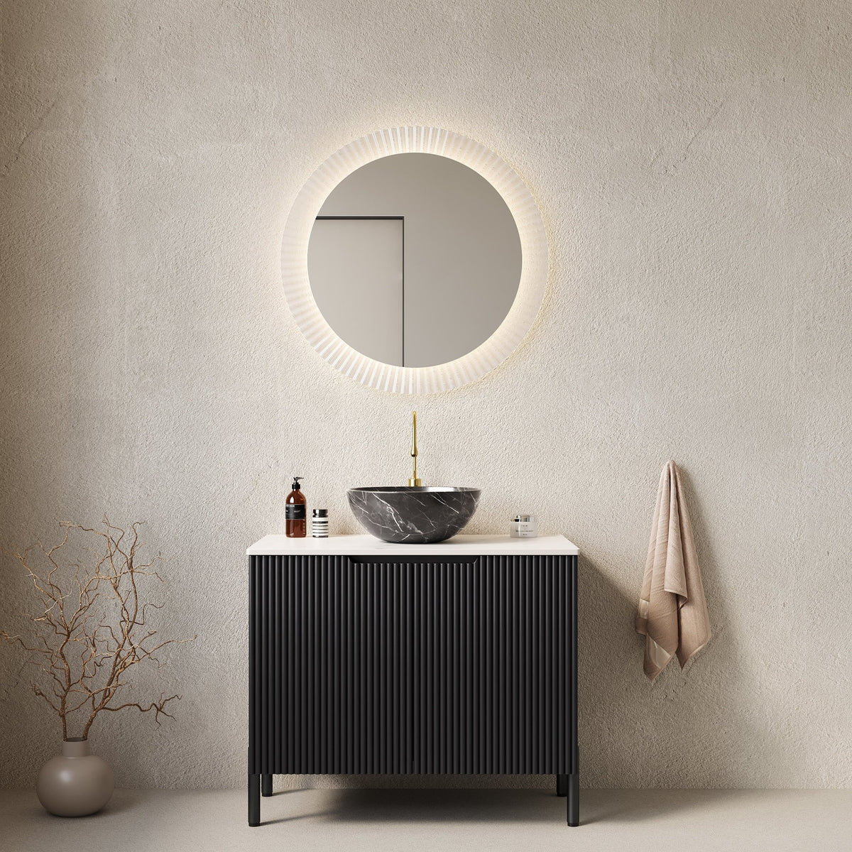 Anthony & Home Turio 30-inch vanity with Carrara stone countertop and modern design, featuring sleek cabinetry and fixtures.