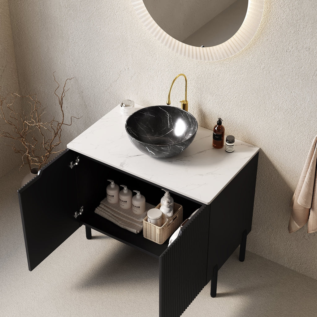 Anthony & Home Turio 30-inch vanity with Carrara stone countertop showcasing sleek bathroom storage and elegant design.