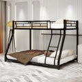Black metal twin-over-full bunk bed frame with ladder and full-length guard rail from Anthony & Home Heritage Collection, shown assembled.