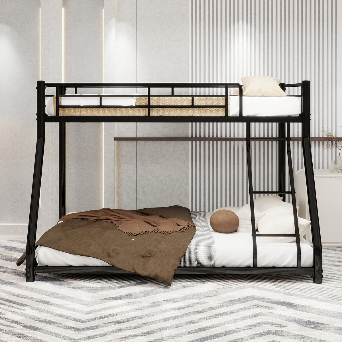 Black metal twin-over-full bunk bed frame with ladder and full-length guard rail from Anthony & Home Heritage Collection.