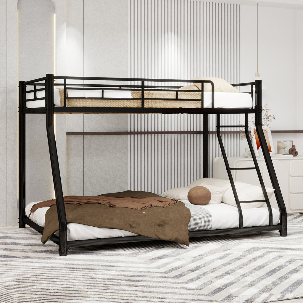 Black metal twin-over-full bunk bed frame from Anthony & Home with ladder and full-length guard rails in a modern bedroom setting.